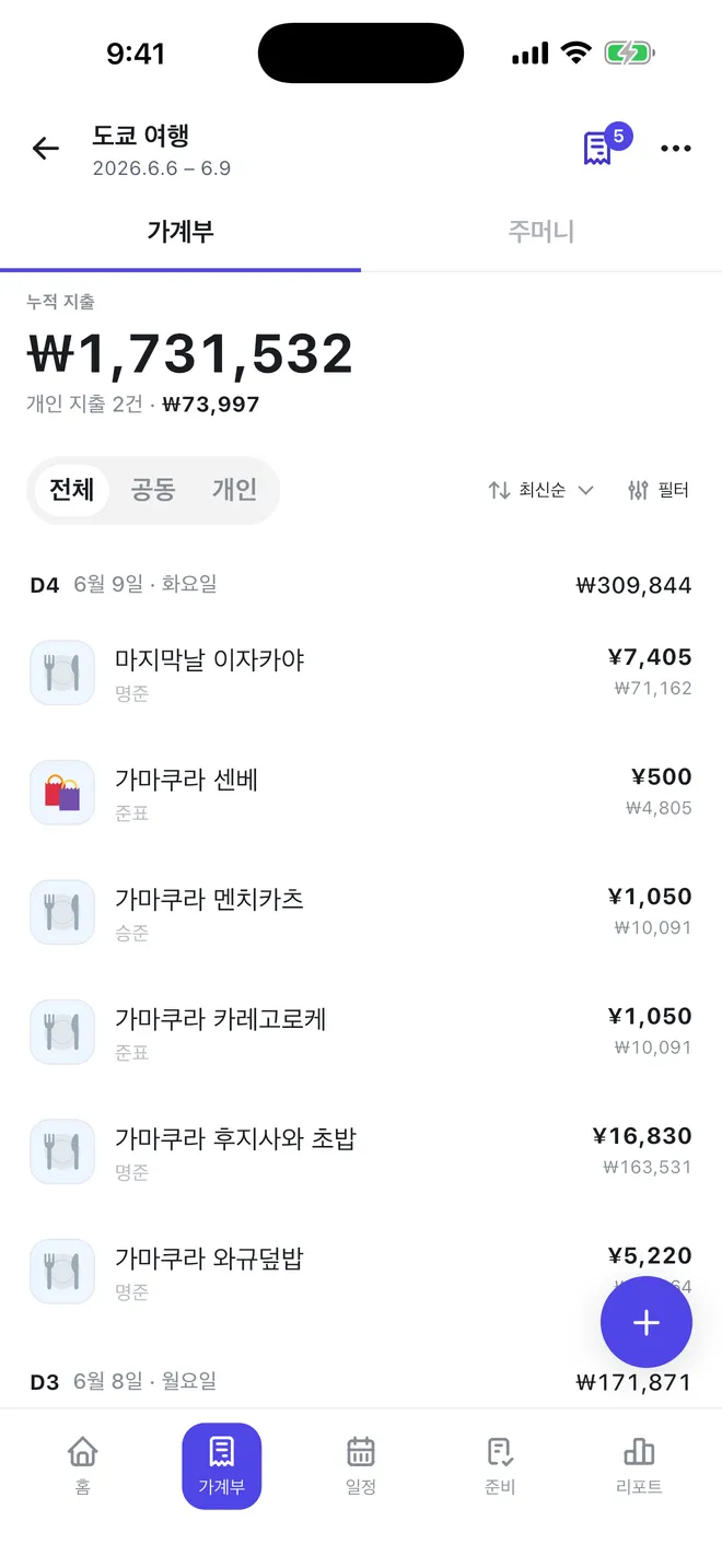 트립페어 가계부 화면 — 엔화로 적힌 지출 목록과 각 줄 아래 원화 환산 금액